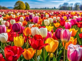 Vibrant tulip field in full bloom showcases stunning array of colors, including red, yellow, pink, white, and orange, swaying gently in spring breeze.