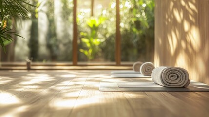 31. A tranquil yoga studio bathed in natural light, with yoga mats and towels neatly arranged on the wooden floor, providing a peaceful setting with ample copy space