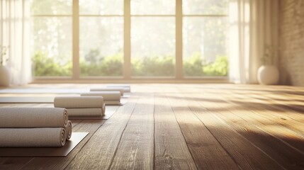 31. A tranquil yoga studio bathed in natural light, with yoga mats and towels neatly arranged on the wooden floor, providing a peaceful setting with ample copy space