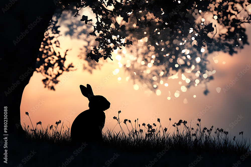 Poster a silhouette of a rabbit sitting in grass under a tree at sunset, creating a serene atmosphere.