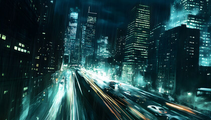 Obraz premium A bustling city at night, with skyscrapers illuminated and traffic creating streaks of light