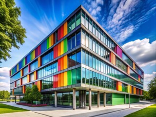 Obraz premium Modern office building exterior with sleek architecture and vibrant colors, headquarters of a renowned interactive entertainment software company in Munich, Bavaria, Germany.