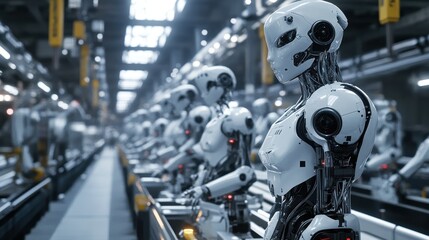 Fototapeta premium Humanoid Robots Assembled on a Conveyor Belt in a Factory