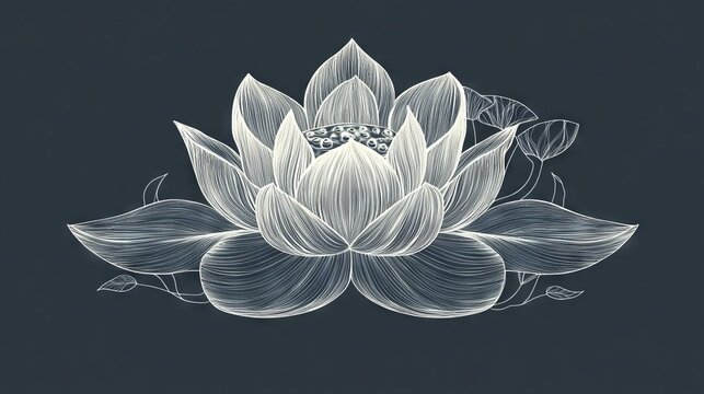 43. An elegant line art illustration of a lotus flower, with a minimalist yet intricate floral pattern, capturing the tranquility and balance of yoga