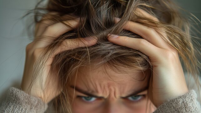 Anxiety and stress concept: close-up of person with trichotillomania for mental health awareness