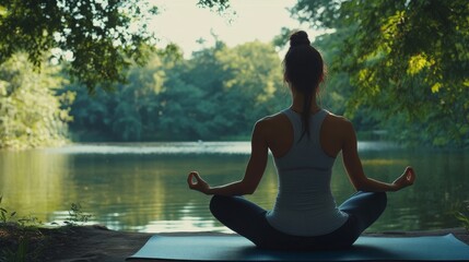 Fototapeta premium 47. A serene scene of a young woman in fitwear sitting in lotus position on a yoga mat, meditating near a tranquil lake in a lush green park, with clear copy space