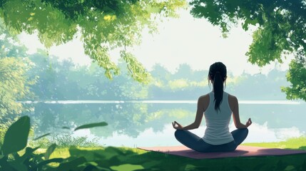 Fototapeta premium 47. A serene scene of a young woman in fitwear sitting in lotus position on a yoga mat, meditating near a tranquil lake in a lush green park, with clear copy space