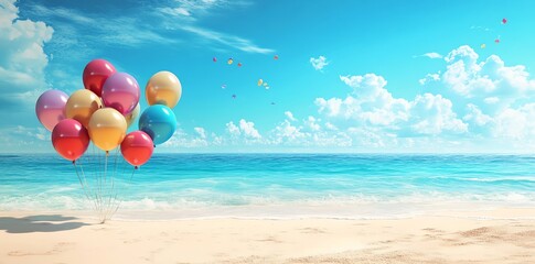 Fototapeta premium Colorful balloons floating in the blue sky above a sandy beach and ocean.