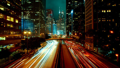 Fototapeta premium A bustling city at night, with skyscrapers illuminated and traffic creating streaks of light