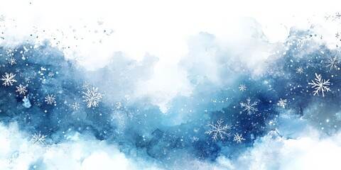 Delicate Winter Snowflakes on a Watercolor Blue Background