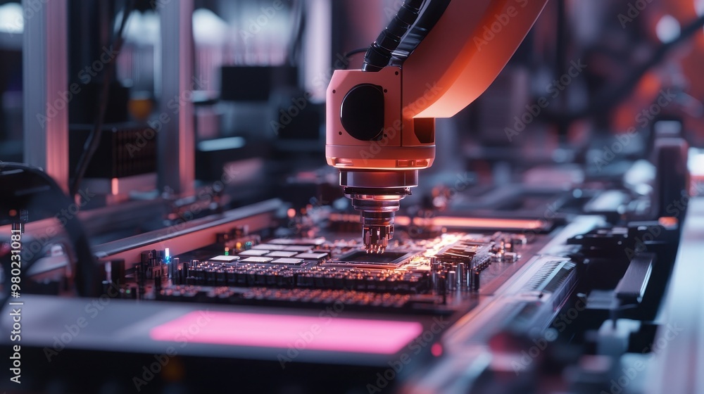 Poster robotic arm assembling a circuit board in a factory