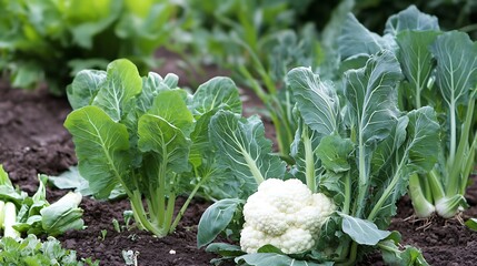 A ripe cauliflower head grows in a vegetable garden among leafy green plants.