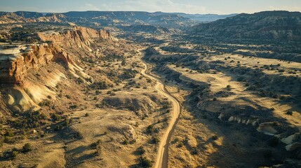 Overhead view of a desert canyon, showcasing intricate rock formations and a meandering trail, with shadows cast by the late afternoon sun