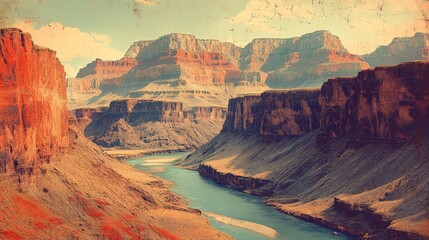 Grand Canyon landscape, with the Colorado River slicing through, in vintage postcard style, faded colors and grainy texture, reminiscent of 1950s travel art, Vintage, Illustration
