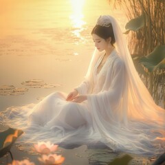 Guan Yin, the goddess of mercy, depicted in a serene lotus pond, soft mist rising, flowing white robes, gentle expression, spiritual tranquility, golden sunset backdrop