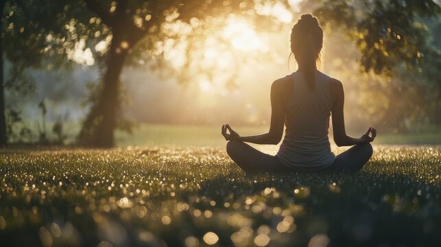 88. A peaceful outdoor yoga session at dawn, featuring a young woman in a meditative pose, with morning dew on the grass and a tranquil, natural background