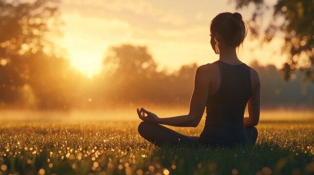 88. A peaceful outdoor yoga session at dawn, featuring a young woman in a meditative pose, with morning dew on the grass and a tranquil, natural background