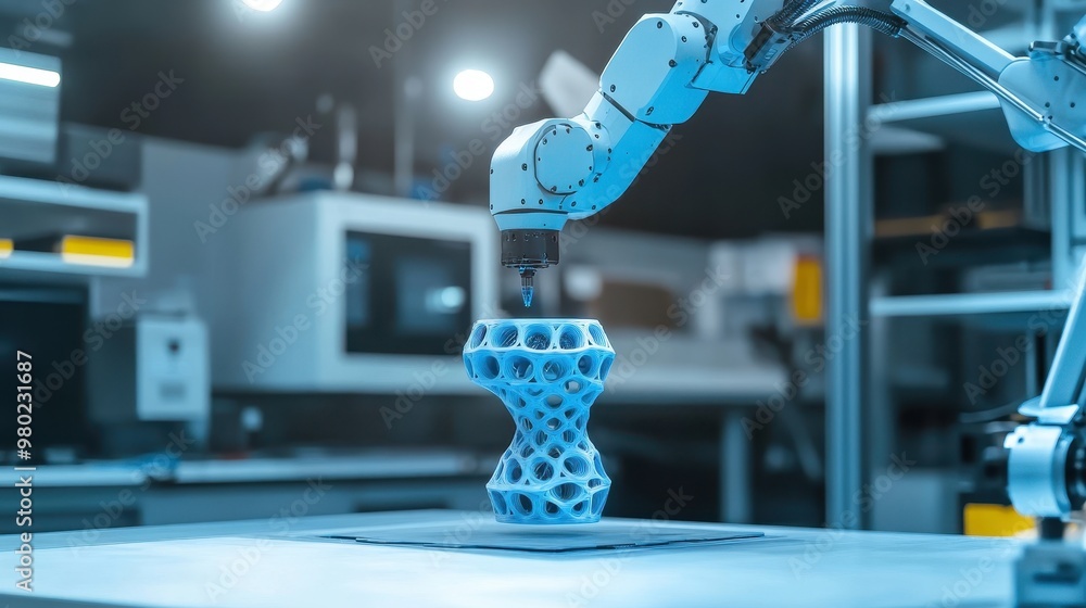 Poster robotics arm manufacturing a complex 3d printed object