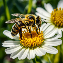 Bee perched on a daisy flower