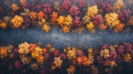 Aerial shot of a river winding through a forest painted in autumn colors, the trees ablaze in gold and crimson, Impressionist, Warm tones, Textured brushstrokes
