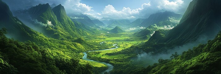Lush green valley scenic background with a river winding through, surrounded by towering mountains and forests