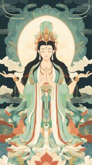 Guan Yin with a thousand arms design in flat design, top view, celestial realm theme, animation, Splitcomplementary color scheme