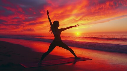 114. An inspiring yoga session on the beach at sunset, featuring the silhouette of a woman stretching her arms and legs, framed by the stunning colors of the setting sun