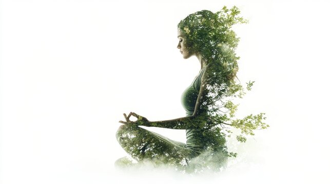 130. An elegant double exposure artwork depicting a woman in a yoga pose merged with the form of a tree, on a clean white background, emphasizing the connection with nature