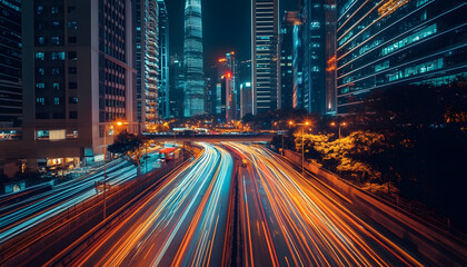 Fototapeta premium A bustling city at night, with skyscrapers illuminated and traffic creating streaks of light