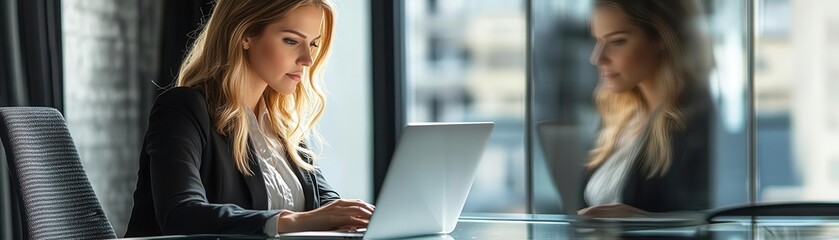A focused woman working on a laptop in a modern office, showcasing productivity and professional determination.