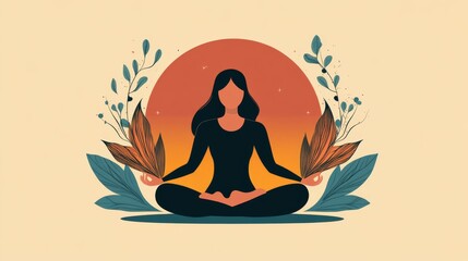 14. An elegant Yoga Day greeting card featuring a vector illustration of a meditating woman, with minimalist design elements and harmonious colors