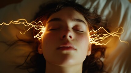 Exploding head syndrome conceptual image: person awakening with electrical light effects for posters or cards