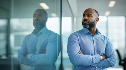Confident businessman stands by glass window, reflecting thoughtful atmosphere in modern office setting.