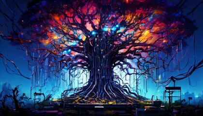 A massive tree glowing with vibrant, neon colors stands in a futuristic cyberpunk world. Its roots extend like cables, blending nature with technology, symbolizing the fusion of organic life and