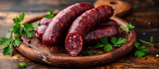 Pile Of Delicious Blood Sausages On Wooden Background