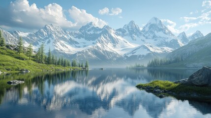 Fototapeta premium Serene Mountain Lake with Reflection of Snow-Capped Peaks