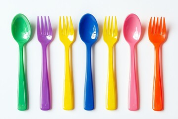 Colorful plastic spoons and forks on white background.