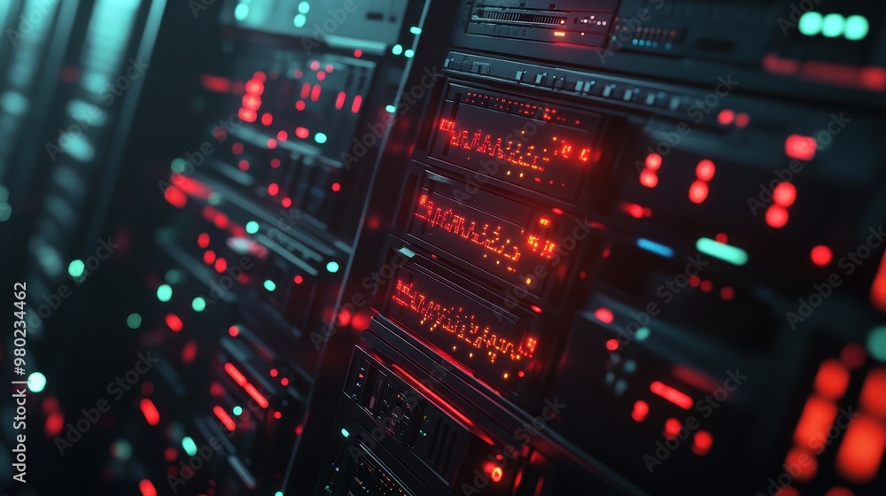 Poster server racks with red lights in a dark data center