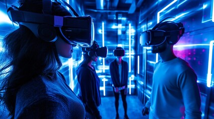 A virtual reality team-building session where members are navigating a digital escape room, working together in a fully immersive online environment.