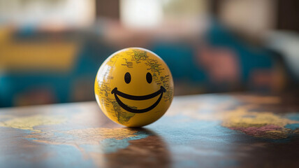 Celebrating World Smile Day with a cheerful globe featuring a smiling face on a tabletop