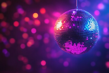 Fototapeta premium Disco ball hanging against a blurred background of pink and purple lights.