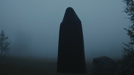 Mysterious hooded figure in foggy landscape for atmospheric poster design