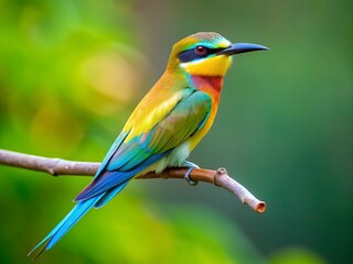 Fototapeta premium Vibrant blue-tailed bee-eater bird, Merops philippinus, perches on a branch, showcasing its bright plumage, a protected migratory species in Thailand's wildlife reserves.