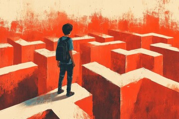 Teen Lost in Maze of Mental Health Struggles - Conceptual Illustration of Confusion, Anxiety, Adolescence, Psychology