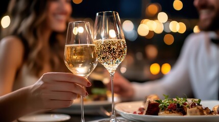 Obraz premium Elegant Candlelight Dinner with Sparkling Wine Glasses Raised in Toast