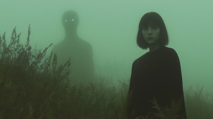 Mystical encounter in foggy landscape for mystery novel covers or posters