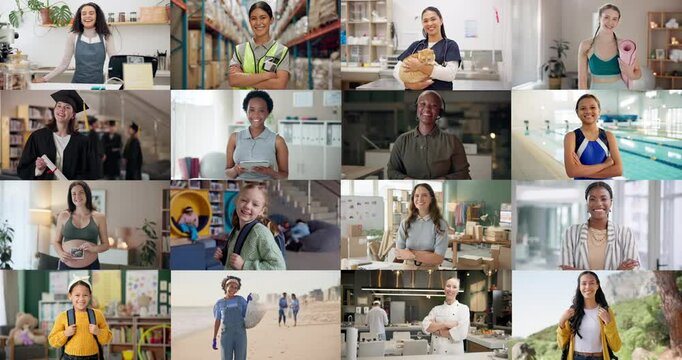 Face, diversity and collage of happy people in split screen for inclusion or affirmative action. Portrait, montage or group of women with different career, age or ethnicity of community with children