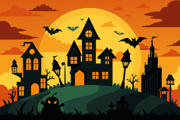  Halloween background with castle, Halloween panorama in scary witch style