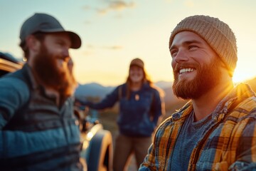 Group of friends exploring the scenic mountain landscape at sunset during a hiking adventure