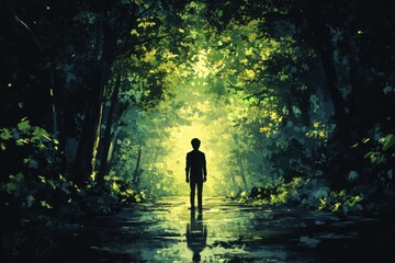 Fototapeta premium Teen Walking Through Dark Forest - Symbolizing Mental Health Journey